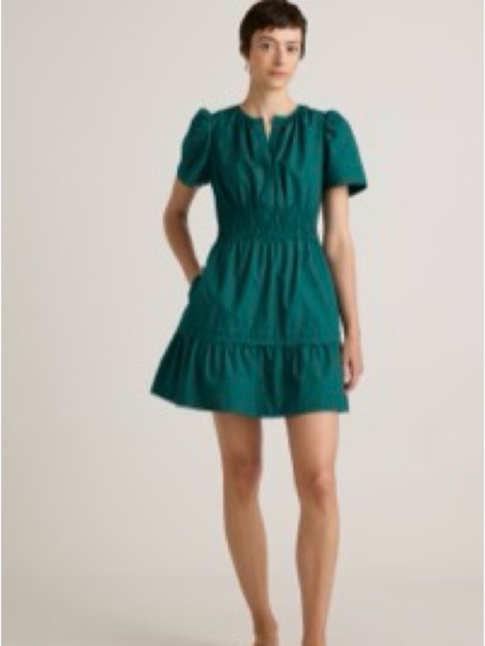 Quince Teal Puff Sleeve Tiered Mini Dress